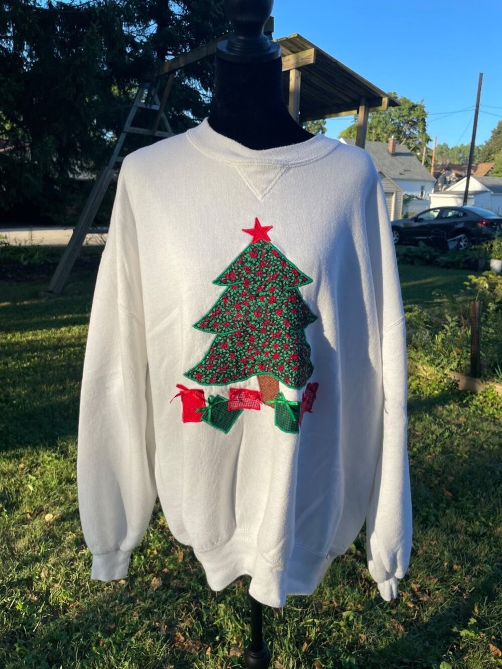 Vintage 90s Handmade Sweater Christmas Holiday Quilted XXL Tree Grandma Baggy